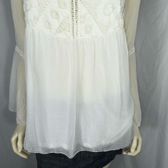 Made in Italy 100% Silk Lace Boho Blouse Sheer Bell Sleeve Peasant Top Romantic - Picture 3 of 15